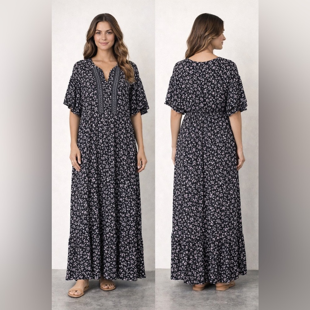 London Times Maxi Dress Woman Black Floral Size 18 SmockedTiered Short Sleeves